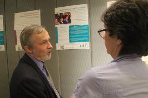 EIFL-OA Coordinator (left) Viatcheslav Britchkovski from Belarus speaks with EIFL Country Coordinator (left) Biljana Kosanovic from Serbia about his open access project. 