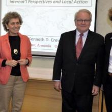 Hasmik Galstyan, EIFL Copyright Coordinator, Satenik (Bella) Avagyan, AGBU Papazian Library Director, Prof Kenneth Crews, and Teresa Hackett, Copyright and Libraries Programme Manager during a visit to Armenia, October 2015