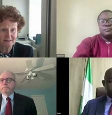 Screenshot from video recording, clockwise from top left, EIFL’s Teresa Hackett introduces speakers Dr Desmond Oriakhogba, Associate Professor, University of the Western Cape, South Africa, Dr John O. Asein, Director-General, Nigerian Copyright Commission, and Jonathan Band PLLC.