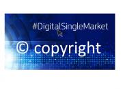 EU copyright reform logo, blue backgroud and white text that sayshashtag digital single market, and copyright with the C copyright symbol.