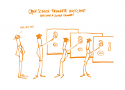 cartoon of open science trainers at a board, teaching open science