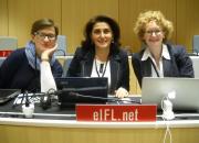 The EIFL team at SCCR/29: Barbara Szczepanska from Poland, Hasmik Galystan from Armenia, Teresa Hackett, EIFL Copyright and Libraries Programme Manager. 
