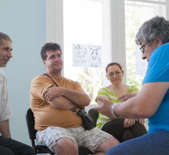 Successful job-seeker Anatolij Parishkov role-plays a job interview with other jobseekers aged over 40 in 'Lyuben Karavelov' Regional Library in Bulgaria.
