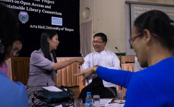 Students at an open access workshop at a Myanmar university.