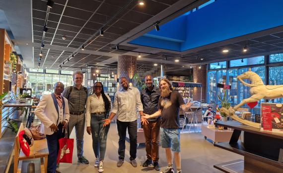Visit to Cologne City Library, Kalk branch from the left, Mathew Olowo (Uganda), Edvaldas Baltrunas (EIFL), Aune Ndapewa Naambo (Namibia), Evans Kofi Korletey-Tene (Ghana), Franklin Mutuma Kiriinya (Kenya), and Bodo Pohla (Germany). Visit to Cologne City Library, Kalk branch from the left, Mathew Olowo (Uganda), Edvaldas Baltrunas (EIFL), Aune Ndapewa Naambo (Namibia), Evans Kofi Korletey-Tene (Ghana), Franklin Mutuma Kiriinya (Kenya), and Bodo Pohla (Germany).