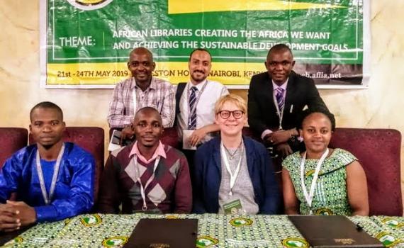 The IYALI team at the AfLIA conference: back, from left, Koi Kazungu, Kenya; Mustafa Tuhami, Egypt; Momoh Mansaray, Sierra Leone. Front, from left, Harouna Ahmadou Saliou Yerima, Cameroon; Joseck Olala, Kenya; Ramune Petuchovaite, EIFL, Joan Njogu, Kenya. The IYALI team at the AfLIA conference: back, from left, Koi Kazungu, Kenya; Mustafa Tuhami, Egypt; Momoh Mansaray, Sierra Leone. Front, from left, Harouna Ahmadou Saliou Yerima, Cameroon; Joseck Olala, Kenya; Ramune Petuchovaite, EIFL, Joan Njogu, Kenya.