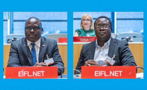 Dick Kawooya, left, and Desmond Oriakhogba, authors of the report, at the 42nd meeting of WIPO's Standing Committee on Copyright and Related Rights, in 2022. Photos by WIPO.