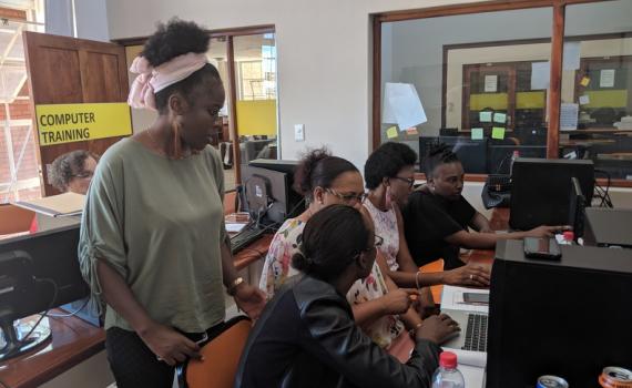 Namibian librarians at computer training, in a library.