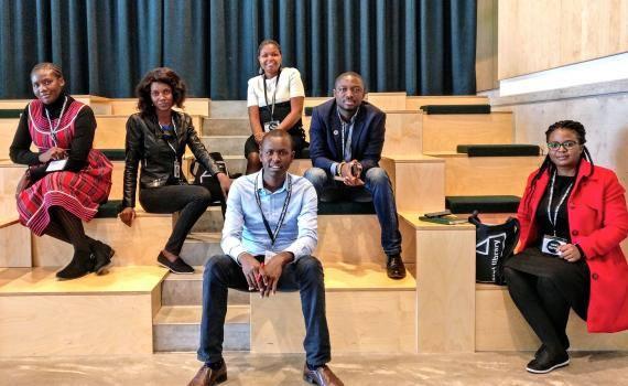 The six young African library innovators in the Dokk1 conference hall: back row, from left - Claret Misika (Namibia), Constance Chilipa (Zambia), Jemmimah Maragwa (Kenya), Hayford Siaw (Ghana). Seated, in front, Kennedy Rutoh (Kenya), Mary Mamba (Zambia).