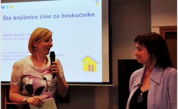 Ms Janja Maras, left, communication manager at Zagreb City Libraries, with Ms Sanja Bunic, who manages the library's service for the homeless, at the conference. Ms Janja Maras, left, communication manager at Zagreb City Libraries, with Ms Sanja Bunic, who manages the library's service for the homeless, at the conference.