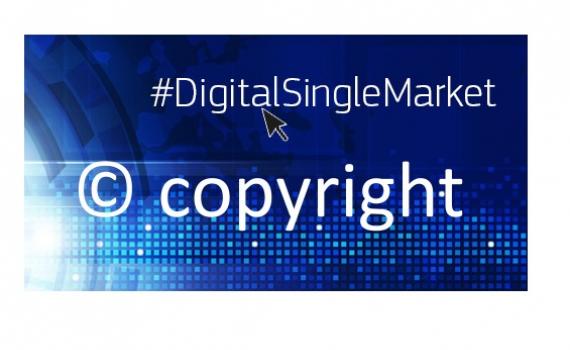 EU copyright reform image EU copyright reform logo, blue backgroud and white text that sayshashtag digital single market, and copyright with the C copyright symbol.