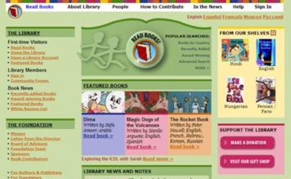 Home page of a free online library, showing the kinds of story books children are reading with their librarians and teachers. 