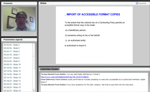 Screenshot of the presenter and a presentation slide on the Marrakesh export model.