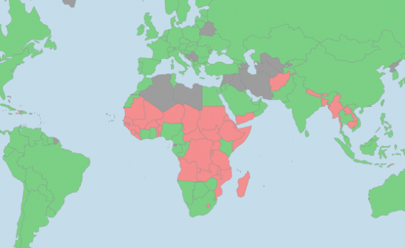 Map showing Least Developed Countries (LDCs) Group at the WTO, shaded in pink. (Image: WTO https://www.wto.org).