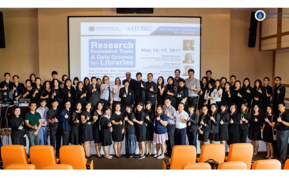 Group photo of participants at a workshop on research evaluation and data science for libraries hosted by EIFL and EIFL’s partner library consortium, Electronic Information for Libraries in Thailand, at Mahidol University in Salaya, Thailand.