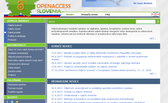 Screen shot of the home page of the OPENACCESS.SI website.