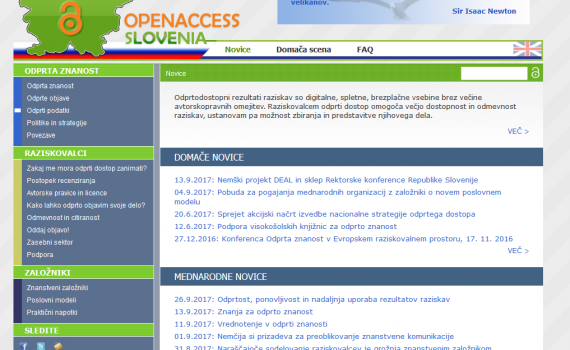 Screen shot of the home page of the OPENACCESS.SI website. Screen shot of the home page of the OPENACCESS.SI website.