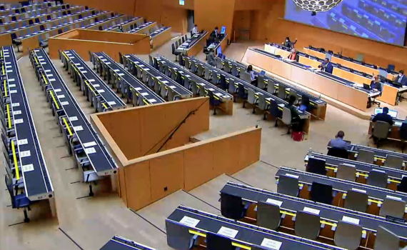 WIPO Assembly hall in hybrid mode - social distancing, and just a few delegates, due to COVID-19.