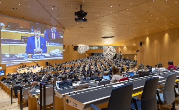 People gathered in the WIPO Assemblies Hall for the 2021 WIPO Assemblies. Copyright: WIPO. Photo: Emmanuel Berrod. This work is licensed under a Creative Commons Attribution-NonCommercial-NoDerivs 3.0 IGO License.Source: https://www.flickr.com/photos/wipo/51554156648/in/album-72157719961501234/