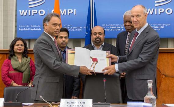 Photo of India presenting its ratification papers to WIPO in June 2014 to ratify the Marrakesh Treaty in June 2014
